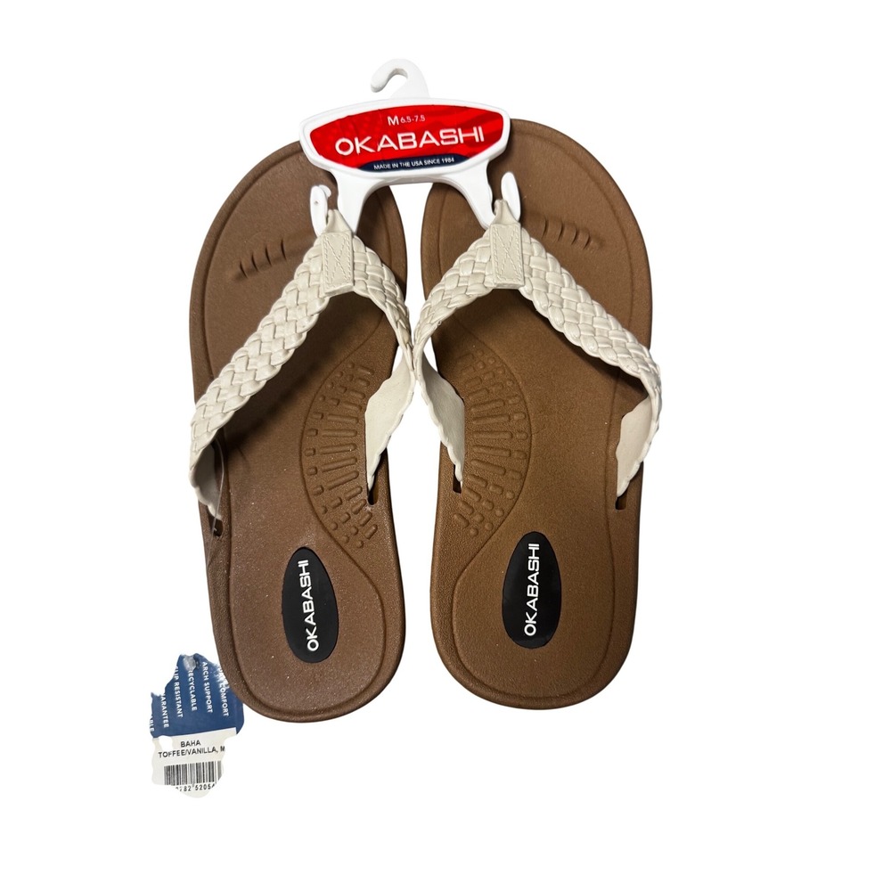 Okabashi Baha Flip Flops Toffee Vanilla Braided Strap NEW WOMEN M 6.5-7.5 USA